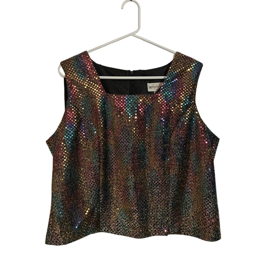 Vintage Betsys Things Petite Metallic Sequin Top Rainbow Disco Party Made USA 14